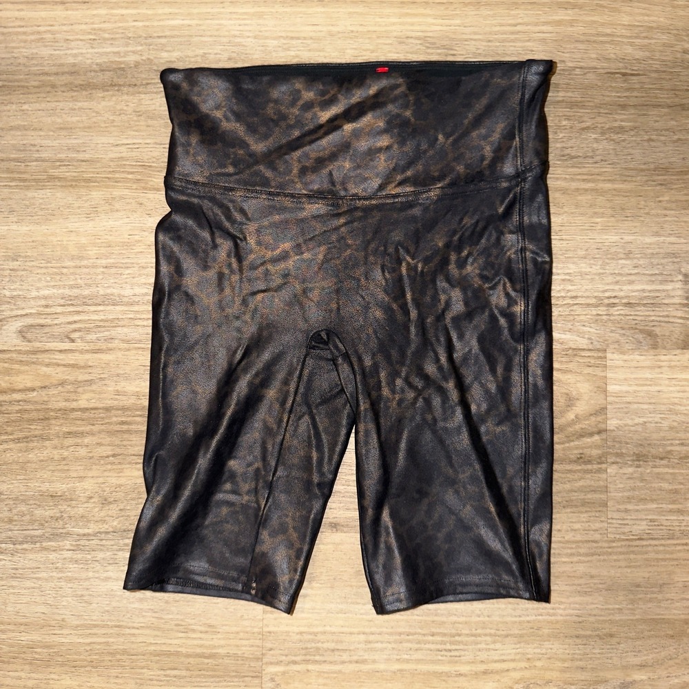 Spanx Faux Leather Leopard 9" Shorts Leopard Shine High Waist Bike Shorts Small